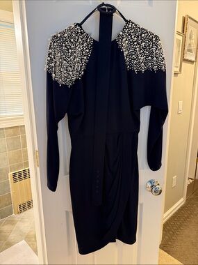Deep navy vintage  Pearl-Embellished Women's Dress